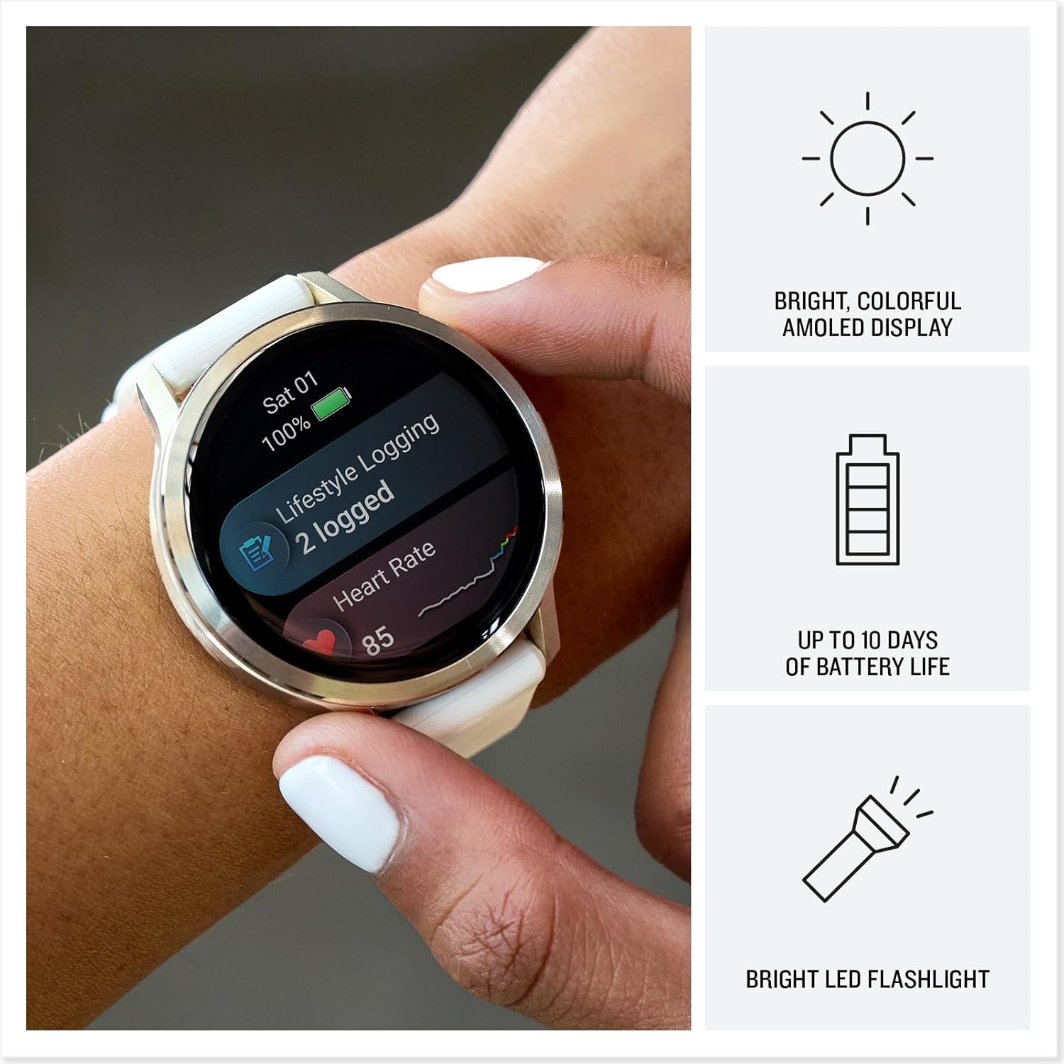 Garmin Venu 4 41mm - GPS Smartwatch, AMOLED Touchscreen, 24/7 Advanced Health & Fitness, 80+ sports apps, Flashlight, ECG app, Sleep Tracking, Fitness coach, up to 10 days battery life,Lunar Gold/Bone - Image 2